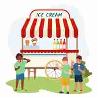 Free vector children summer behaviour flat composition with three happy boys eating ice cream and sweets outdoors vector illustration