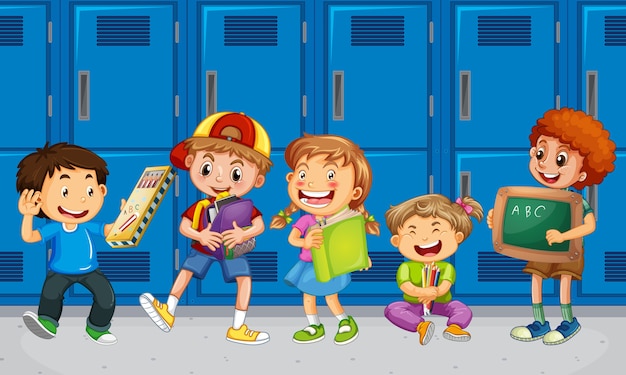 Children talking with their friends at school lockers – Free vector download