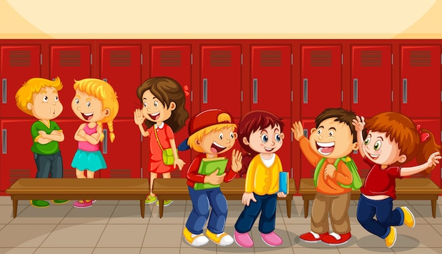 Free vector children talking with their friends with school lockers