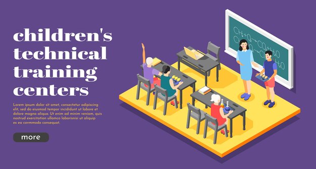 Children technical center online training banner isometric