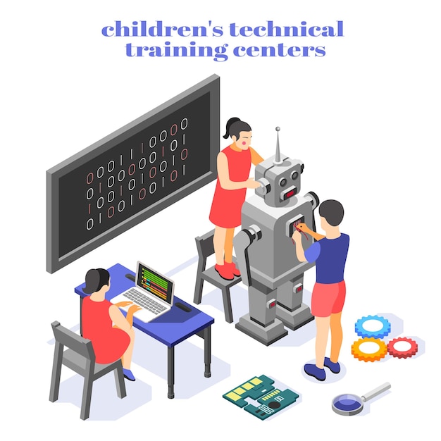 Children technical training center  isometric composition with humanoid robot control system binary codes programming practice