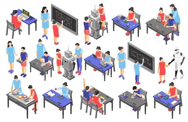 Free vector children technical training centers  isometric compositions set with robotic control systems programming science classes isolated vector illustration