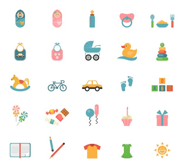 Children toys in flat style. Set of icons on a theme of infants and their accessories.