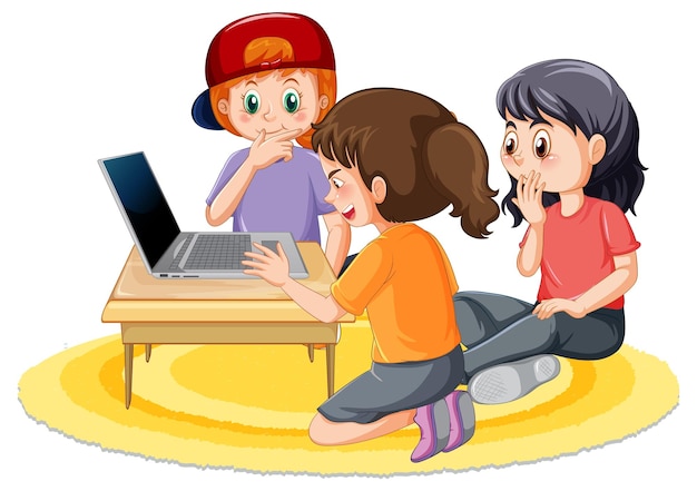 Free vector children using laptop on white background