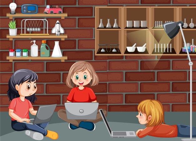 Free vector children using technology devices at home