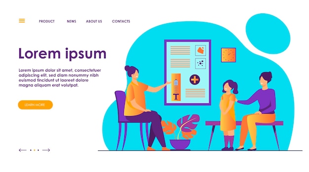 無料ベクター 子供の予防接種の概念。病院で子供を持つ母親にワクチンを提示する医師。