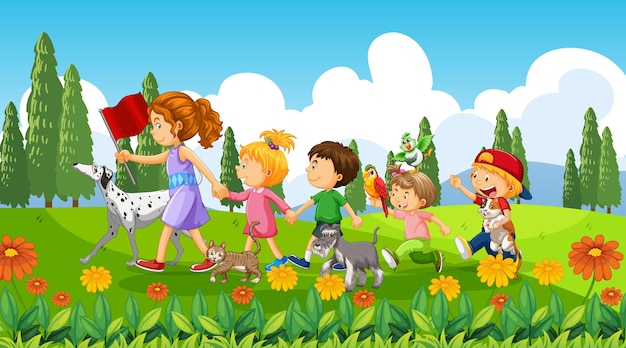 Free vector children walking with their animals at the park