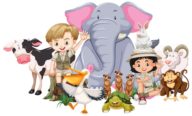 Free vector children and wild animals