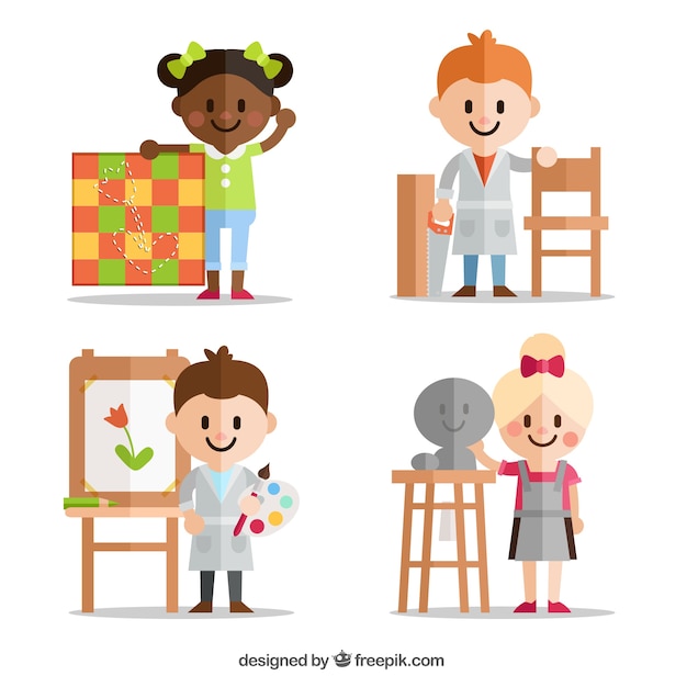 Children with different artistic disciplines in flat design