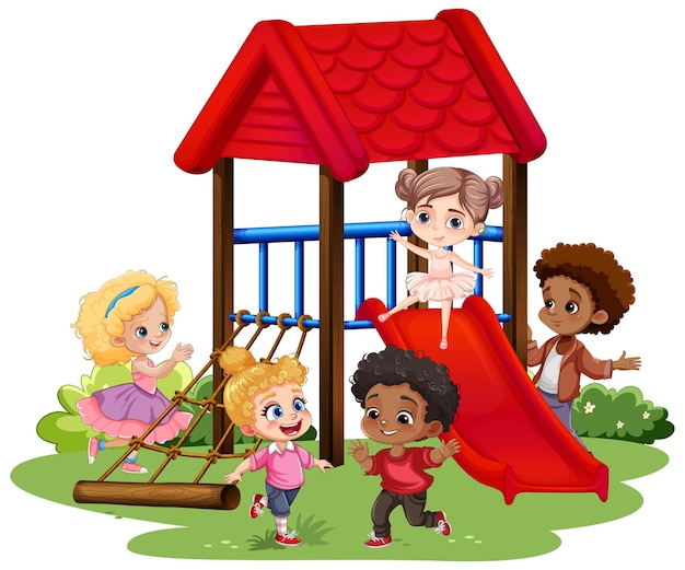 Дети разных рас играют на детской площадке