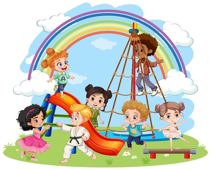 Free Vector children with different race playing at the playground