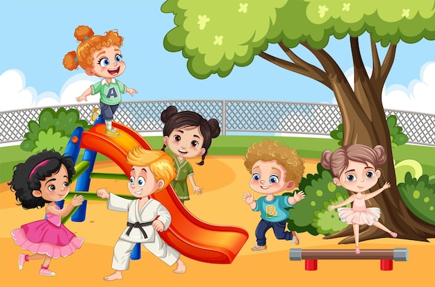 Free vector children with different race playing at the playground