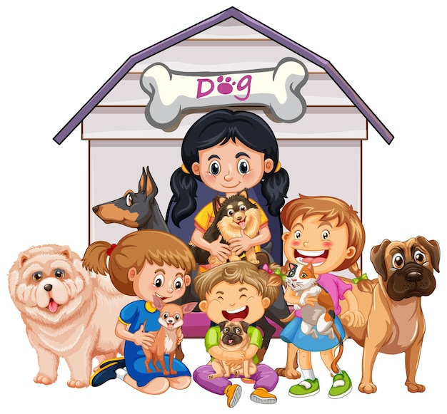 Free vector children with many dogs in cartoon style