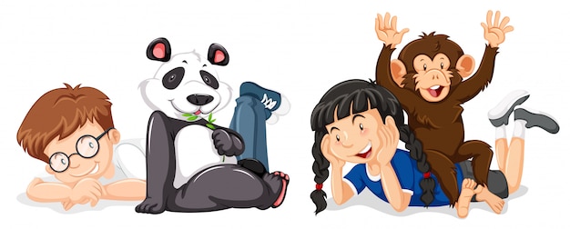 Free vector children with monkey and panda