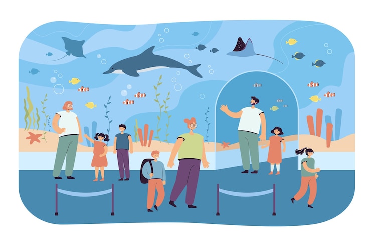 無料Vector 海洋水族館に両親がいる子供たち。フラットイラスト