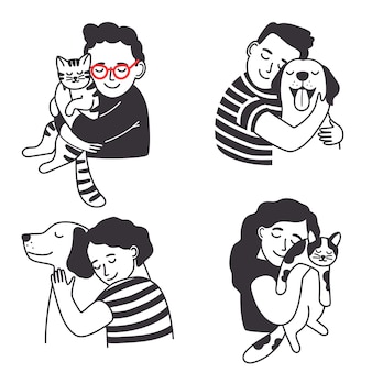 猫のペットの飼い主のキャラクター 飼い主は猫を抱き締め 女の子と男の子は猫の動物をかわいがり ペットと若い人は肖像画のイラストを抱きしめます プレミアムベクター 猫のペットの飼い主のキャラクター 飼い主は猫を抱き締め 女の子と男の子は猫の動物をかわいがり ペットと若い人は肖像画のイラストを抱きしめます プレミアムベクター