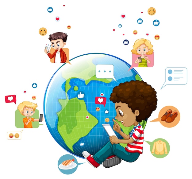 Children with social media elements on earth globe