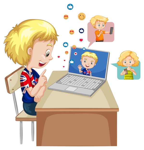 Free vector children with social media elements on white background