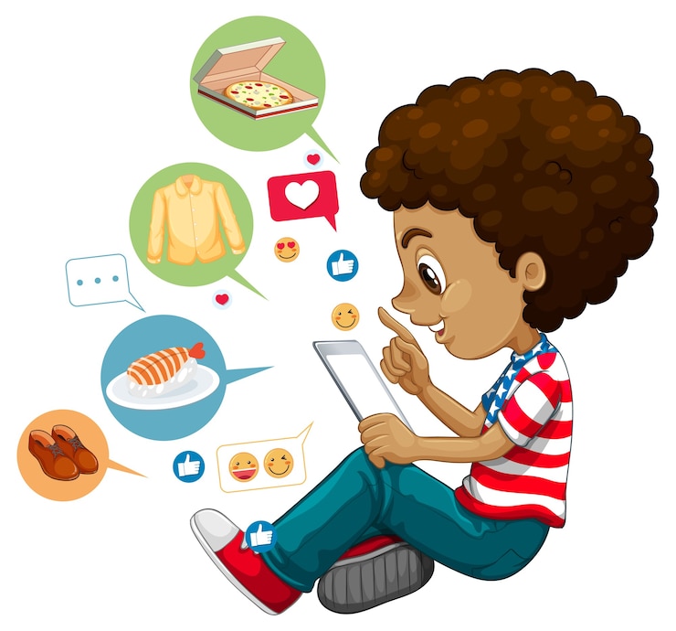 Free Vector children with social media elements on white background