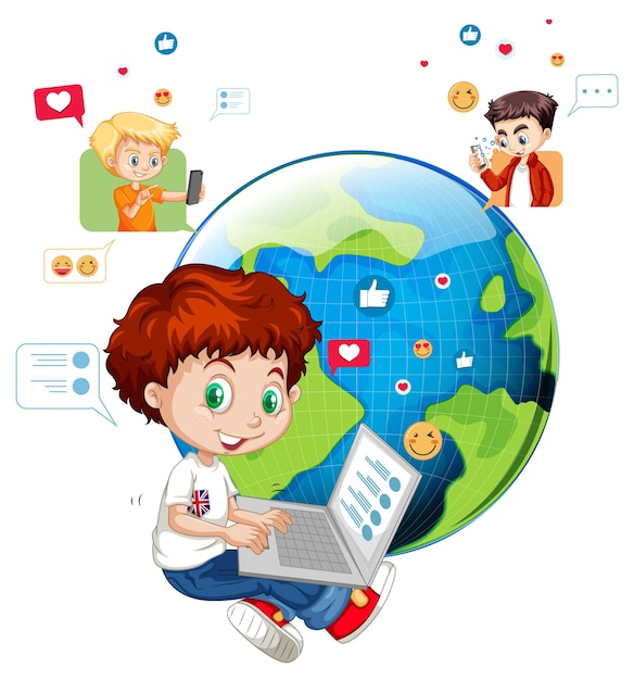 Bambini con elementi di social media su bianco