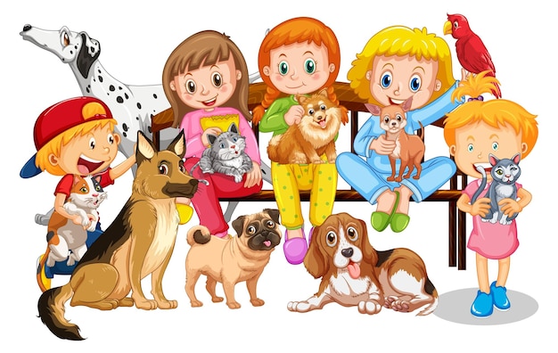 Children with their dogs and cats on white background