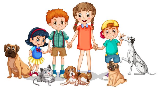 Children with their dogs and cats on white background