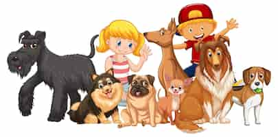 Free vector children with their dogs on white background