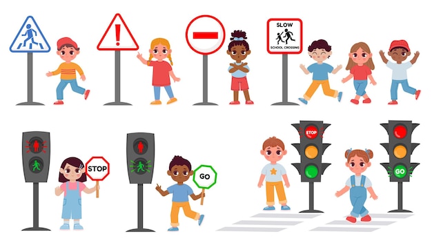 Дети со светофором и предупреждающим знаком, правила безопасности дорожного движения. мультяшный школьник пересекает пешеходный переход улицы. набор векторных образование тротуар Premium векторы