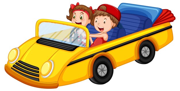 Дети в желтом винтажном кабриолете