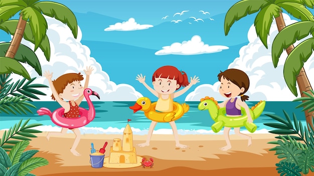 Vettore gratuito giornata di spiaggia per bambini con giocattoli gonfiabili