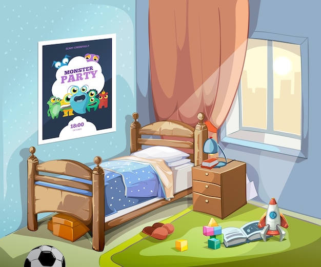 Vettore gratuito interno camera da letto per bambini in stile cartone animato con pallone da calcio e giocattoli. illustrazione vettoriale