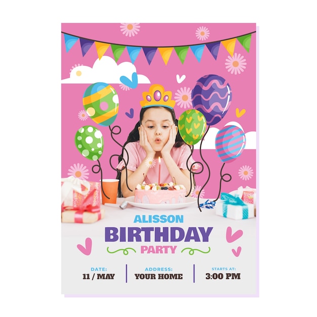 Childrens birthday invitation template with photo