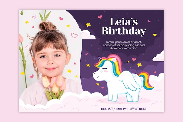 Free vector childrens birthday invitation template with photo