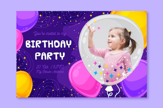 Childrens birthday invitation template with photo