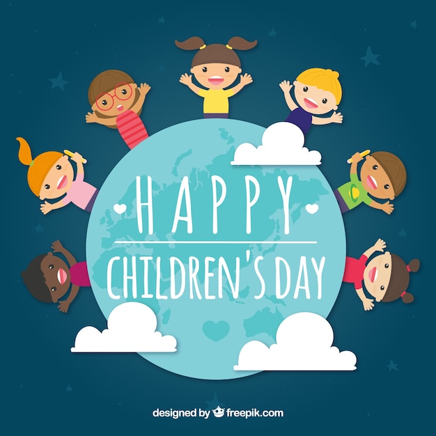 Childrens day concept with kids around earth