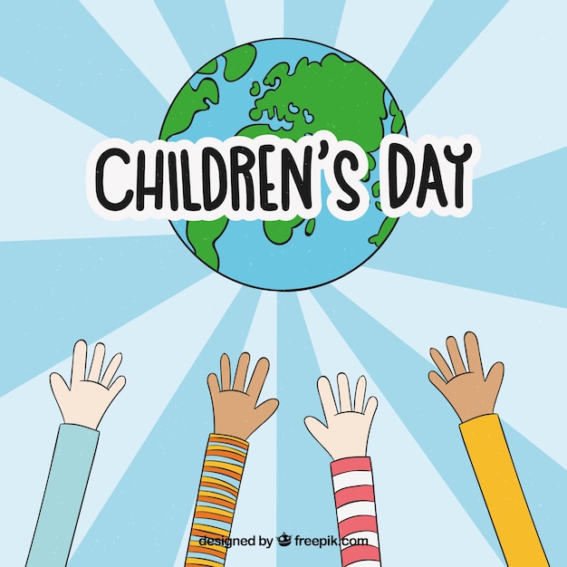 Childrens day design with hands reaching out for globe