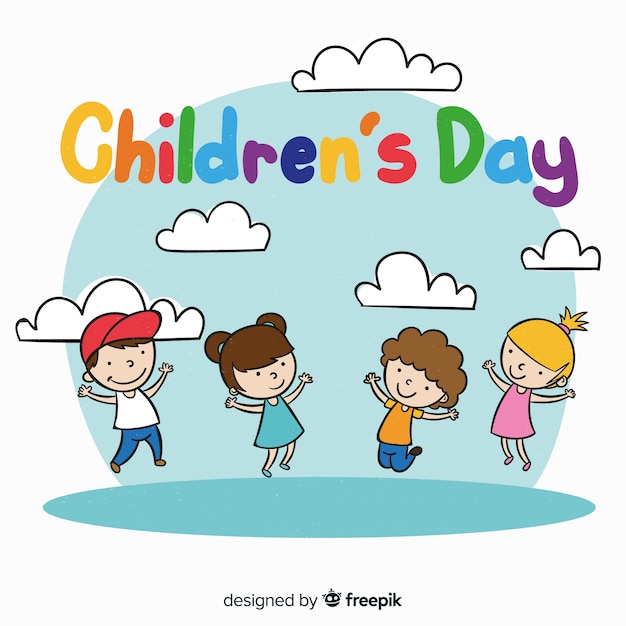 Бесплатное векторное изображение Детский день рисованной девушки мальчиков фона
