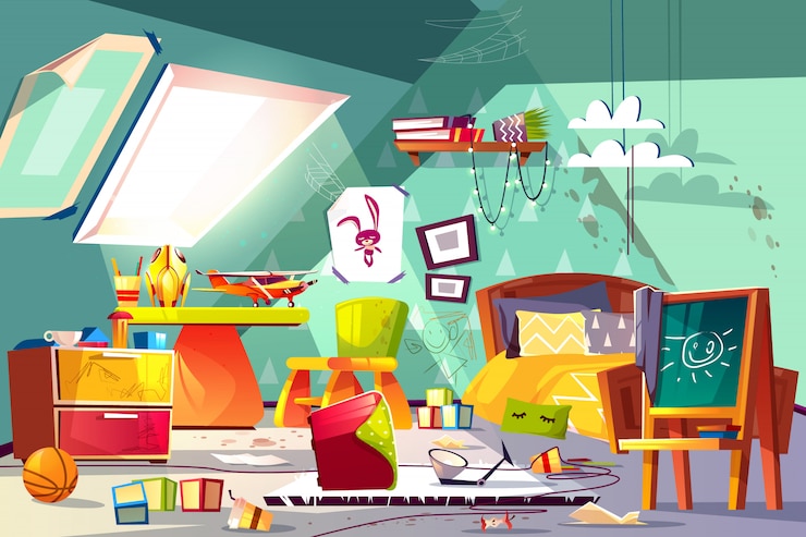 Free Vector childrens room on attic interior with terrible mess, stained floor, scattered toys, drawings