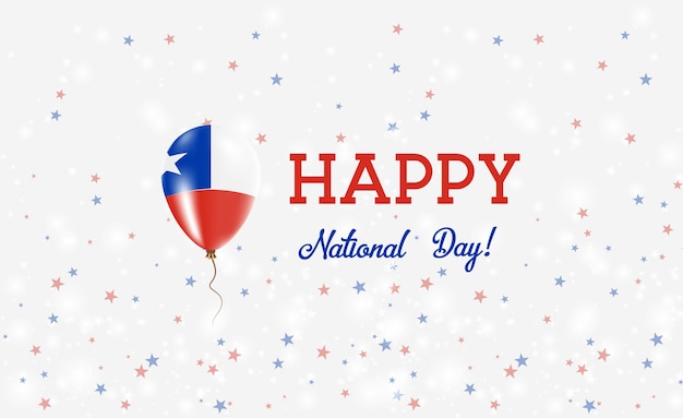 Национальный день чили патриотический плакат. летающий резиновый шар в цветах чилийского флага. национальный день чили фон с воздушным шаром, конфетти, звездами, боке и блестками.