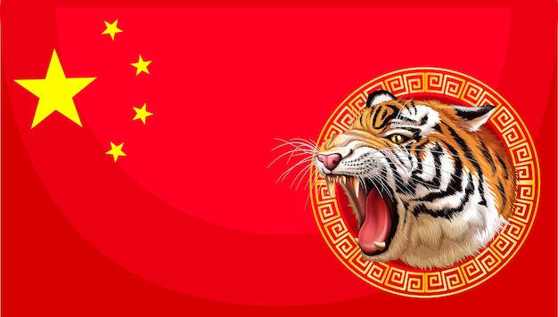 China flag with roaring tiger