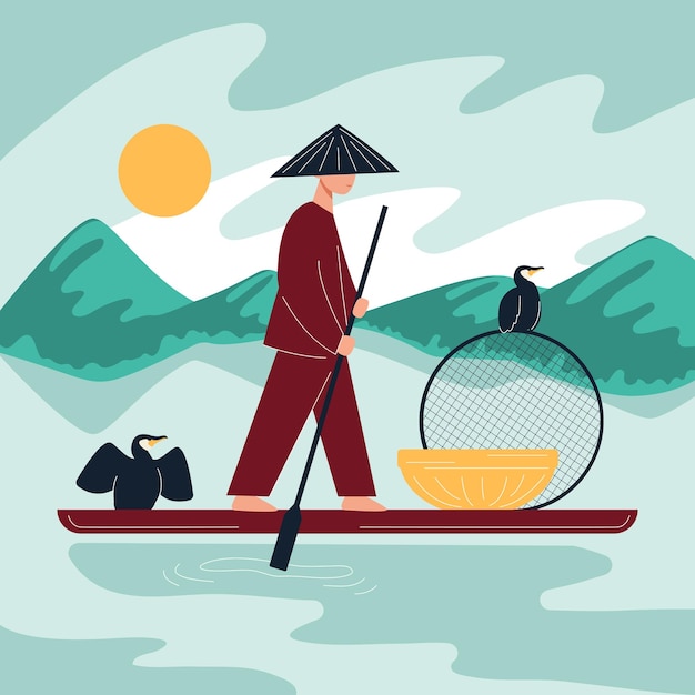 China Symbol Flat Composition with Landscape View Including Boat and Paddle Vector Illustration