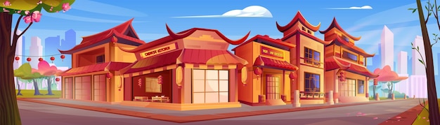 Free vector china town street in modern city vector cartoon illustration of old chinese buildings tea shop traditional cuisine restaurant decorated with red paper lanterns cityscape skyscrapers in background