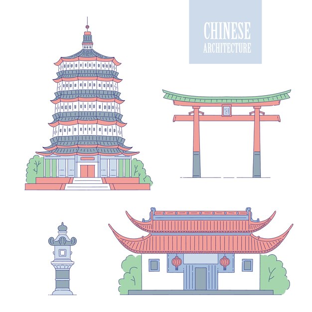 中国の伝統的な建物 文化的な日本オブジェクトゲートパゴダパレス漫画の建物のコレクション プレミアムベクター