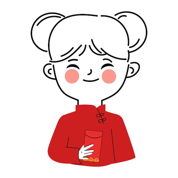 중국 전통 의상으로 새해를 축하하는 손으로 그린 귀여운 소녀 초상화