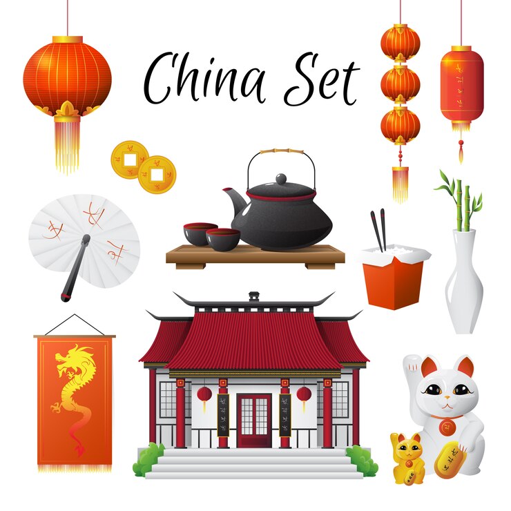 Free Vector chinese culture classic national symbols set with red lantern steamed rice 