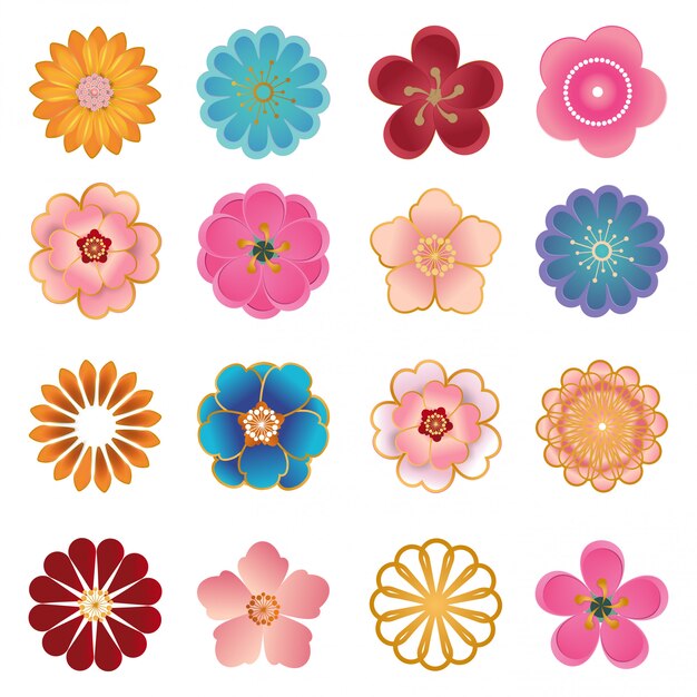 Chinese decorative icons,  flowers in modern 3d paper cut style.