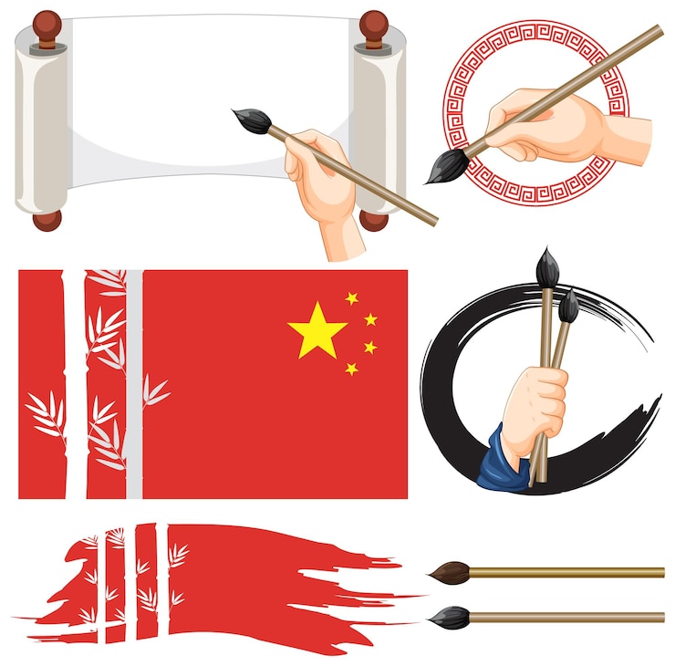 Free Vector chinese flag symbol with ink brush set