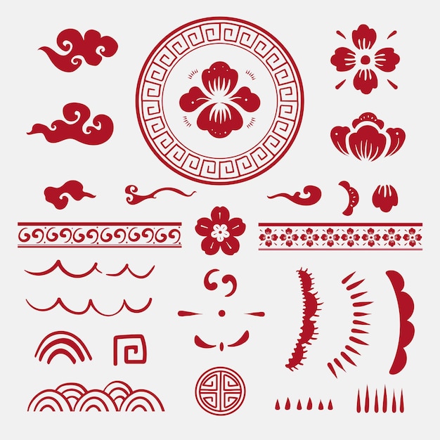 Chinese flowers red vector stickers collection