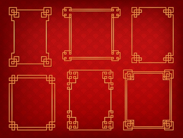 Cornice cinese o bordo impostato su sfondo rosso. ornamenti asiatici tradizionali, motivo orientale dorato. elementi vettoriali per la decorazione di banner o carte, mockup lineare per il testo.