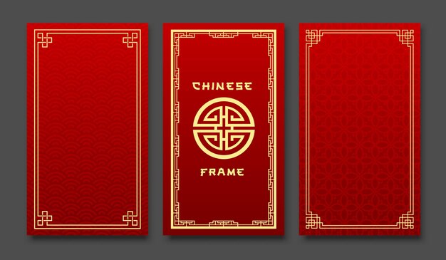 Chinese frame three banners style collections on gold and red background illustrations